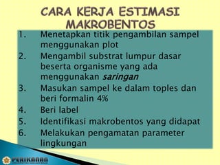 1. Menetapkan titik pengambilan sampel
menggunakan plot
2. Mengambil substrat lumpur dasar
beserta organisme yang ada
menggunakan saringan
3. Masukan sampel ke dalam toples dan
beri formalin 4%
4. Beri label
5. Identifikasi makrobentos yang didapat
6. Melakukan pengamatan parameter
lingkungan
 