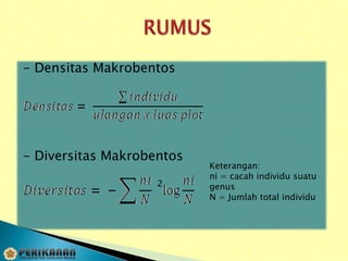 - Densitas Makrobentos
- Diversitas Makrobentos
Keterangan:
ni = cacah individu suatu
genus
N = Jumlah total individu
2
 