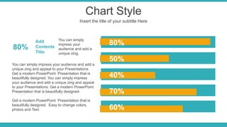 Chart Style
Insert the title of your subtitle Here
80%
50%
40%
70%
60%
80%
Add
Contents
Title
You can simply
impress your
audience and add a
unique zing.
You can simply impress your audience and add a
unique zing and appeal to your Presentations.
Get a modern PowerPoint Presentation that is
beautifully designed. You can simply impress
your audience and add a unique zing and appeal
to your Presentations. Get a modern PowerPoint
Presentation that is beautifully designed.
Get a modern PowerPoint Presentation that is
beautifully designed. Easy to change colors,
photos and Text.
 