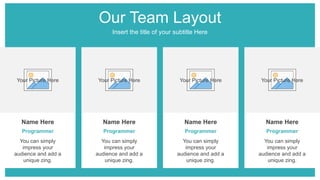 Our Team Layout
Insert the title of your subtitle Here
Name Here
Programmer
You can simply
impress your
audience and add a
unique zing.
Name Here
Programmer
You can simply
impress your
audience and add a
unique zing.
Name Here
Programmer
You can simply
impress your
audience and add a
unique zing.
Name Here
Programmer
You can simply
impress your
audience and add a
unique zing.
Your Picture Here Your Picture Here Your Picture Here Your Picture Here
 