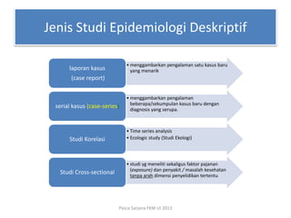 Jenis Studi Epidemiologi Deskriptif
• menggambarkan pengalaman satu kasus baru
yang menarik

laporan kasus
(case report)

serial kasus (case-series)

Studi Korelasi

Studi Cross-sectional

• menggambarkan pengalaman
beberapa/sekumpulan kasus baru dengan
diagnosis yang serupa.

• Time series analysis
• Ecologic study (Studi Ekologi)

• studi yg meneliti sekaligus faktor pajanan
(exposure) dan penyakit / masalah kesehatan
tanpa arah dimensi penyelidikan tertentu

Pasca Sarjana FKM UI 2013

 