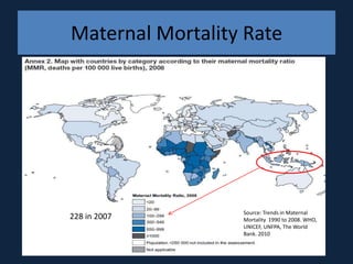 Maternal Mortality Rate




                  Source: Trends in Maternal
228 in 2007       Mortality 1990 to 2008. WHO,
                  UNICEF, UNFPA, The World
                  Bank. 2010
 
