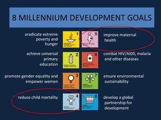 8 MILLENNIUM DEVELOPMENT GOALS
          eradicate extreme    improve maternal
                poverty and     health
                     hunger

           achieve universal   combat HIV/AIDS, malaria
                    primary     and other diseases
                  education

promote gender equality and    ensure environmental
          empower women        sustainability


      reduce child mortality   develop a global
                               partnership for
                               development
 