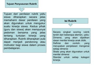 Tujuan Penyusunan Rubrik
Tujuan dari penilaian rubrik yaitu
siswa diharapkan secara jelas
memahami dasar penilaian yang
akan digunakan untuk mengukur
suatu kinerja siswa. Kedua pihak
(guru dan siswa) akan mempunyai
pedoman bersama yang jelas
tentang tuntutan kinerja yang
diharapkan. Rubrik diharapkan pula
dapat menjadi pendorong atau
motivator bagi siswa dalam proses
pembelajaran.
Isi Rubrik
Secara singkat scoring rubrik
terdiri dari beberapa elemen, yaitu:
Dimensi, yang akan dijadikan
dasar menilai kinerja anak didik.
Definisi dan contoh, yang
merupakan penjelasan mengenai
setiap dimensi
Skala yang akan digunakan untuk
menilai dimensi
Standar untuk setiap katagori
kinerja.
 