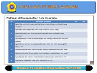 Pedoman dalam menelaah Pedoman dalam menelaah b buutitrir t etess u urraaiaiann.. 
No. Pertanyaan Penelaahan Ya Tidak 
1 Apakah tipe tes ini paling tepat digunakan untuk mengukur tujuan pembelajaran yang 
diinginkan? 
2 Apakah tes ini sudah digunakan untuk mengukur jenjang berpikir tinggi? 
3 Apakah pertanyaan yang dirumuskan dapat mengukur tujuan pembelajaran yang 
diinginkan? 
4 Apakah pertanyaan sudah dirumuskan dengan jelas sehingga siswa tahu apa yang harus 
dijawab? 
5 Apakah jumlah butir soal tersebut dapat dikerjakan dalam satu waktu ujian yang telah 
ditetapkan? 
6 Apakah setiap siswa diberi kesempatan yang sama untuk mengerjakan tes yang sama? 
7 Jika butir tes tersebut direvisi, apakah masih tetap dapat mengukur tujuan yang sama? 
8 Apakah jumlah skor maksimal pada setiap butir soal sudah tepat dan dicantumkan? 
9 Apakah butir soal tersebut sudah ditulis berdasarkan kisi-kisi? 
 