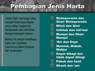 Pembagian Jenis Harta Ulama fiqih membagi harta menjadi beberapa bagian yang setiap bagiannya berdampak atau berkaitan dengan beragam hukum.  Berikut ini adalah klasifikasi harta dan implikasi hukumnya dalam tinjauan fiqh muamalah. Mutaqawwim dan Ghair Mutaqawwim Mitsli dan Qimi Istihlak dan Isti’mal Manqul dan Ghair Manqul ‘ Ain dan Dayn Mamluk, Mubah, Mahjur Dapat dibagi dan tidak dapat dibagi Pokok dan hasil Khash dan ‘am 