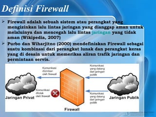 Definisi Firewall
 Firewall adalah sebuah sistem atau perangkat yang
mengizinkan lalu lintas jaringan yang dianggap aman untuk
melaluinya dan mencegah lalu lintas jaringan yang tidak
aman (Wikipedia, 2007)
 Purbo dan Wiharjitno (2000) mendefiniskan Firewall sebagai
suatu kombinasi dari perangkat lunak dan perangkat keras
yang di desain untuk memeriksa aliran trafik jaringan dan
permintaan servis.
 