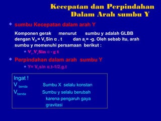 Kecepatan dan Perpindahan
Dalam Arah sumbu Y
 sumbu Kecepatan dalam arah Y
Komponen gerak menurut sumbu y adalah GLBB
dengan VOY = VO Sin α . t dan ay = -g. Oleh sebab itu, arah
sumbu y memenuhi persamaan berikut :
 Vy=VoSin α - g t
 Perpindahan dalam arah sumbu Y
 Y= VO sin α.t-1/2.g.t
Ingat !
V benda Sumbu X selalu konstan
Vbenda Sumbu y selalu berubah
karena pengaruh gaya
gravitasi
 