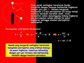 a
v
Pada gerak melingkar beraturan bendaPada gerak melingkar beraturan benda
bergerak dengan lintasan berbentuk lingkaranbergerak dengan lintasan berbentuk lingkaran
dengan jari-jaridengan jari-jari RR. Selama bergerak. Selama bergerak
kecepatan (kecepatan (vv) dan percepatan () dan percepatan (aa) tetap tetapi) tetap tetapi
arahnya berubah-berubah ubah. Araharahnya berubah-berubah ubah. Arah
kecepatan selalu menyinggung bidang lingkarankecepatan selalu menyinggung bidang lingkaran
dan percepatan selalu menuju ke pusatdan percepatan selalu menuju ke pusat
lingkaran sehingga disebut percepatanlingkaran sehingga disebut percepatan
sentripetalsentripetal
Percepatan sentripetal dirumuskan
vv22
a =a =
RR
a = =a = = ω2
. RR
ω2
. RR2
RR
a =a =
4π2
.
RR
TT22
a =a = 4π2
.f22
.R.R
Benda yang bergerak melingkar beraturanBenda yang bergerak melingkar beraturan
mengalami percepatan yang arahnya menujumengalami percepatan yang arahnya menuju
ke pusat lingkaran, besarnya sebandingke pusat lingkaran, besarnya sebanding
dengan jari-jari lintasan dan berbandingdengan jari-jari lintasan dan berbanding
terbalik dengan kwadrat periodnya.terbalik dengan kwadrat periodnya.
 