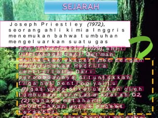 J o s e p h P r i e s t l e y (1972),
s e o r a n g a h l i k i m i a I n g g r i s
m e n e m u k a n b a h w a t u m b u h a n
m e n g e l u a r k a n s u a t u g a s
y a n g m e m b u a t a p i l i l i n
d a p a t m e n y a l a w a l a u p u n
d a l a m t a b u n g g e l a s y a n g
t e r t u t u p .
J a n I n g e n h o u s z (1779), a h l i
f i s i o l o g i d a r i G e r m a n
m e l a k u k a n e k s p e r i m e n d e n g a n
m e n g g u n a k a n H y d r i l a
v e r t i c i l a t a . D a r i
p e r c o b a a n n y a d i t u n j u k k a n
t i g a h a l p e n t i n g y a i t u
(1) g a s y a n g d i k e l u a r k a n o l e h
t u m b u h a n t e r n y a t a a d a l a h O 2,
(2) c a h a y a m a t a h a r i
d i b u t u h k a n u n t u k p r o s e s
t e r s e b u t ,
 