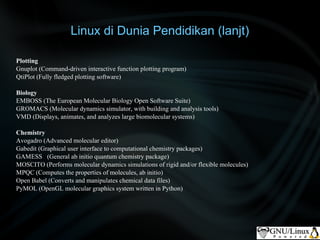 Linux di Dunia Pendidikan (lanjt)

Plotting
Gnuplot (Command-driven interactive function plotting program)
QtiPlot (Fully fledged plotting software)

Biology
EMBOSS (The European Molecular Biology Open Software Suite)
GROMACS (Molecular dynamics simulator, with building and analysis tools)
VMD (Displays, animates, and analyzes large biomolecular systems)

Chemistry
Avogadro (Advanced molecular editor)
Gabedit (Graphical user interface to computational chemistry packages)
GAMESS (General ab initio quantum chemistry package)
MOSCITO (Performs molecular dynamics simulations of rigid and/or flexible molecules)
MPQC (Computes the properties of molecules, ab initio)
Open Babel (Converts and manipulates chemical data files)
PyMOL (OpenGL molecular graphics system written in Python)
 