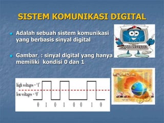 SISTEM KOMUNIKASI DIGITAL
   Adalah sebuah sistem komunikasi
    yang berbasis sinyal digital

   Gambar : sinyal digital yang hanya
    memiliki kondisi 0 dan 1
 