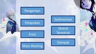 Pengertian
Sedimentasi
Pelapukan
Mass Wasting
Erosi
Ekstral
Terestrial
Dampak
 