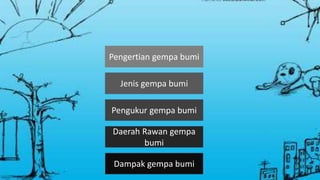 Pengertian gempa bumi
Daerah Rawan gempa
bumi
Dampak gempa bumi
Pengukur gempa bumi
Jenis gempa bumi
 