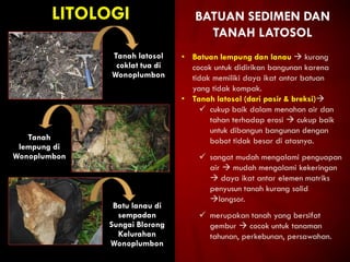 LITOLOGI BATUAN SEDIMEN DAN
TANAH LATOSOL
Tanah latosol
coklat tua di
Wonoplumbon
Tanah
lempung di
Wonoplumbon
Batu lanau di
sempadan
Sungai Blorong
Kelurahan
Wonoplumbon
• Batuan lempung dan lanau  kurang
cocok untuk didirikan bangunan karena
tidak memiliki daya ikat antar batuan
yang tidak kompak.
• Tanah latosol (dari pasir & breksi)
 cukup baik dalam menahan air dan
tahan terhadap erosi  cukup baik
untuk dibangun bangunan dengan
bobot tidak besar di atasnya.
 sangat mudah mengalami penguapan
air  mudah mengalami kekeringan
 daya ikat antar elemen matriks
penyusun tanah kurang solid
longsor.
 merupakan tanah yang bersifat
gembur  cocok untuk tanaman
tahunan, perkebunan, persawahan.
 