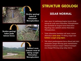 STRUKTUR GEOLOGI
SESAR NORMAL
• Jalur sesar ini melintang bagian barat daya
menuju ke arah utara Kelurahan Wonoplumbon
dan berbelok ke bagian barat Kelurahan
Ngadirgo dan sebelah selatan Kelurahan
Wonoplumbon.
• Tidak ditemukan bentukan asli sesar, namun
ditemukan zona sesar  tebing sungai dan
kelokan sungai yang tajam.
• Titik lokasi pembangunan harus dibuat jauh dari
sempadan Sungai Blorong guna meminimalisir
terjadinya bahaya longsor akibat terjangan
arus Sungai Blorong yang cukup deras.
Struktur geologi
kekar di
Kelurahan
Wonoplumbon
Struktur geologi
kekar pada
batuan lanau
Indikasi zona
lintasan sesar di
tebing sungai
Kelurahan
Wonoplumbon
 