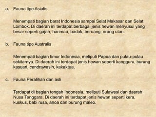 a. Fauna tipe Asiatis
Menempati bagian barat Indonesia sampai Selat Makasar dan Selat
Lombok. Di daerah ini terdapat berbagai jenis hewan menyusui yang
besar seperti gajah, harimau, badak, beruang, orang utan.
b. Fauna tipe Australis
Menempati bagian timur Indonesia, meliputi Papua dan pulau-pulau
sekitarnya. Di daerah ini terdapat jenis hewan seperti kangguru, burung
kasuari, cendrawasih, kakaktua.
c. Fauna Peralihan dan asli
Terdapat di bagian tengah Indonesia, meliputi Sulawesi dan daerah
Nusa Tenggara. Di daerah ini terdapat jenis hewan seperti kera,
kuskus, babi rusa, anoa dan burung maleo.
 