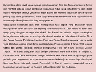 Sumberdaya alam hayati yang meliputi keanekaragaman flora dan fauna mempunyai fungsi
dan manfaat sebagai unsur pembentuk lingkungan hidup yang kehadirannya tidak dapat
diganti. Mengingat sifatnya yang tidak dapat diganti dan memiliki kedudukan serta berperan
penting bagi kehidupan manusia, maka upaya konservasi sumberdaya alam hayati flora dan
fauna menjadi kewajiban mutlak bagi setiap generasi.
Upaya-upaya konservasi tidak akan mendapatkan hasil seperti yang diharapkan tanpa
dukungan dan peran serta aktif dari segenap lapisan masyarakat. Oleh karena itu salah satu
upaya yang dianggap strategis dan efektif oleh Pemerintah adalah dengan menetapkan
berbagai macam kekayaan sumberdaya alam hayati tersebut ke dalam bentuk Identitas Flora
dan Fauna Daerah. Penetapan Identitas Flora dan Fauna Daerah merupakan upaya nyata
yang dilakukan sebagai tindak lanjut dari Keputusan Presiden Nomor 4 Tahun 1993 tentang
Satwa dan Bunga Nasional. Dengan ditetapkannya Flora dan Fauna Identitas Daerah
Tingkat I ini dapat dilanjutkan pula dengan pemilihan Flora dan Fauna di Tingkat II,
Kecamatan dan Desa. Diharapkan dengan demikian akan dapat mendorong upaya-upaya
perlindungan, pengawetan, serta pemanfaatan secara berkelanjutan sumberdaya alam hayati
flora dan fauna baik oleh aparat Pemerintah di Daerah maupun masyarakat secara
keseluruhan sampai dengan ke Tingkat II bahkan Kecamatan dan Pedesaan.
 