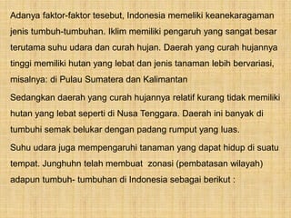 Adanya faktor-faktor tesebut, Indonesia memeliki keanekaragaman
jenis tumbuh-tumbuhan. Iklim memiliki pengaruh yang sangat besar
terutama suhu udara dan curah hujan. Daerah yang curah hujannya
tinggi memiliki hutan yang lebat dan jenis tanaman lebih bervariasi,
misalnya: di Pulau Sumatera dan Kalimantan
Sedangkan daerah yang curah hujannya relatif kurang tidak memiliki
hutan yang lebat seperti di Nusa Tenggara. Daerah ini banyak di
tumbuhi semak belukar dengan padang rumput yang luas.
Suhu udara juga mempengaruhi tanaman yang dapat hidup di suatu
tempat. Junghuhn telah membuat zonasi (pembatasan wilayah)
adapun tumbuh- tumbuhan di Indonesia sebagai berikut :
 