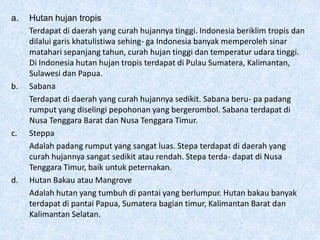 a. Hutan hujan tropis
Terdapat di daerah yang curah hujannya tinggi. Indonesia beriklim tropis dan
dilalui garis khatulistiwa sehing- ga Indonesia banyak memperoleh sinar
matahari sepanjang tahun, curah hujan tinggi dan temperatur udara tinggi.
Di Indonesia hutan hujan tropis terdapat di Pulau Sumatera, Kalimantan,
Sulawesi dan Papua.
b. Sabana
Terdapat di daerah yang curah hujannya sedikit. Sabana beru- pa padang
rumput yang diselingi pepohonan yang bergerombol. Sabana terdapat di
Nusa Tenggara Barat dan Nusa Tenggara Timur.
c. Steppa
Adalah padang rumput yang sangat luas. Stepa terdapat di daerah yang
curah hujannya sangat sedikit atau rendah. Stepa terda- dapat di Nusa
Tenggara Timur, baik untuk peternakan.
d. Hutan Bakau atau Mangrove
Adalah hutan yang tumbuh di pantai yang berlumpur. Hutan bakau banyak
terdapat di pantai Papua, Sumatera bagian timur, Kalimantan Barat dan
Kalimantan Selatan.
 