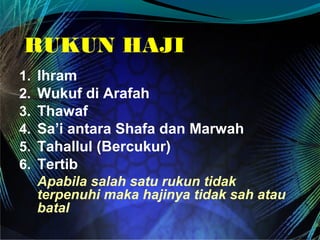 RUKUN HAJI
1. Ihram
2. Wukuf di Arafah
3. Thawaf
4. Sa’i antara Shafa dan Marwah
5. Tahallul (Bercukur)
6. Tertib
Apabila salah satu rukun tidak
terpenuhi maka hajinya tidak sah atau
batal
 