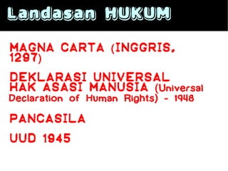 Landasan HUKUM
Magna carta ( inggris,
1297)
DEKLARASI UNIVERSAL
HAK ASASI MANUSIA (Universal
Declaration of Human Rights) - 1948

PANCASILA
UUD 1945
 