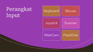 Perangkat
Input
Keyboard Mouse
Joystick Scanner
WebCam FlashDisk
 