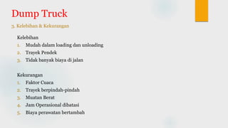 Dump Truck
3. Kelebihan & Kekurangan
Kelebihan
1. Mudah dalam loading dan unloading
2. Trayek Pendek
3. Tidak banyak biaya di jalan
Kekurangan
1. Faktor Cuaca
2. Trayek berpindah-pindah
3. Muatan Berat
4. Jam Operasional dibatasi
5. Biaya perawatan bertambah
 