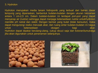 3. Hydroton
Hydroton merupakan media tanam hidroponik yang terbuat dari bahan dasar
lempung yang dipanaskan, berbentuk bulatan-bulatan dengan ukuran bervariasi
antara 1 cm-2,5 cm. Dalam bulatan-bulatan ini terdapat pori-pori yang dapat
menyerap air (nutrisi) sehingga dapat menjaga ketersediaan nutrisi untukHydroton
memiliki pH netral dan stabil. Dengan bentuk yang bulat (tidak bersudut), maka
dapat mengurangi resiko merusak akar, dan ruang antar bulatan-bulatan ini bagus
untuk ketersediaan oksigen bagi akar.
Hydroton dapat dipakai berulang-ulang, cukup dicuci saja dari kotoran/lumut/alga
jika akan digunakan untuk penanaman selanjutnya.
 