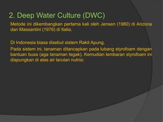 2. Deep Water Culture (DWC)
Metode ini dikembangkan pertama kali oleh Jensen (1980) di Arizona
dan Massantini (1976) di Italia.
Di Indonesia biasa disebut sistem Rakit Apung.
Pada sistem ini, tanaman ditancapkan pada lubang styrofoam dengan
bantuan busa (aga tanaman tegak). Kemudian lembaran styrofoam ini
diapungkan di atas air larutan nutrisi.
 