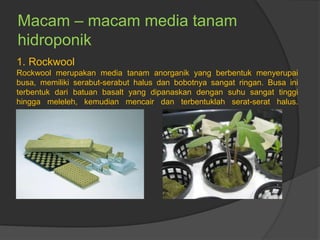 Macam – macam media tanam
hidroponik
1. Rockwool
Rockwool merupakan media tanam anorganik yang berbentuk menyerupai
busa, memiliki serabut-serabut halus dan bobotnya sangat ringan. Busa ini
terbentuk dari batuan basalt yang dipanaskan dengan suhu sangat tinggi
hingga meleleh, kemudian mencair dan terbentuklah serat-serat halus.
 