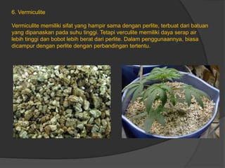 6. Vermiculite
Vermiculite memiliki sifat yang hampir sama dengan perlite, terbuat dari batuan
yang dipanaskan pada suhu tinggi. Tetapi verculite memiliki daya serap air
lebih tinggi dan bobot lebih berat dari perlite. Dalam penggunaannya, biasa
dicampur dengan perlite dengan perbandingan tertentu.
 