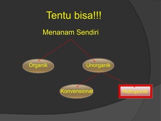 Tentu bisa!!!
Unorganik
Organik
Hidroponik
Konvensional
Menanam Sendiri
 