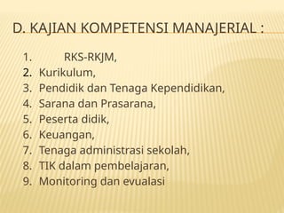 D. KAJIAN KOMPETENSI MANAJERIAL :
1. RKS-RKJM,
2. Kurikulum,
3. Pendidik dan Tenaga Kependidikan,
4. Sarana dan Prasarana,
5. Peserta didik,
6. Keuangan,
7. Tenaga administrasi sekolah,
8. TIK dalam pembelajaran,
9. Monitoring dan evualasi
 