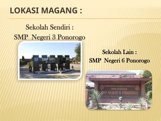 LOKASI MAGANG :
Sekolah Sendiri :
SMP Negeri 3 Ponorogo
Sekolah Lain :
SMP Negeri 6 Ponorogo
 