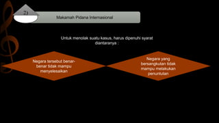Makamah Pidana Internasional
2)
Untuk menolak suatu kasus, harus dipenuhi syarat
diantaranya :
Negara tersebut benar-
benar tidak mampu
menyelesaikan
Negara yang
bersangkutan tidak
mampu melakukan
penuntutan
 