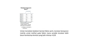 Untuk mereduksi kedalam bentuk faktor perlu merotasi komponen
matriks untuk melihat pada faktor mana variable tersebut lebih
besar korelasinya korelasi yang baik nilainya >0,50
 