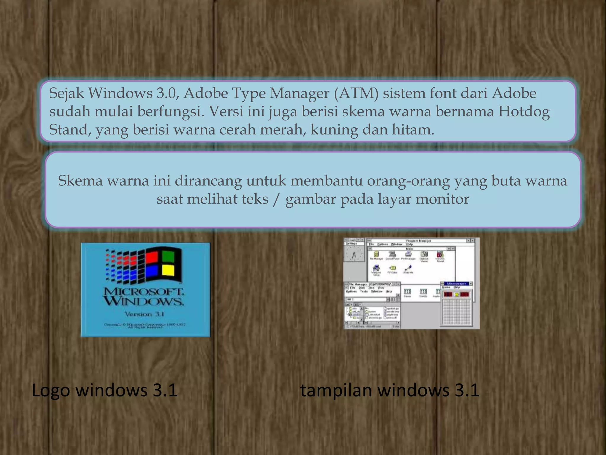 Sejak Windows 3.0, Adobe Type Manager (ATM) sistem font dari Adobe
 sudah mulai berfungsi. Versi ini juga berisi skema warna bernama Hotdog
 
 Stand, yang berisi warna cerah merah, kuning dan hitam.
    .
  Skema warna ini dirancang untuk membantu orang-orang yang buta warna
               saat melihat teks / gambar pada layar monitor




Logo windows 3.1                    tampilan windows 3.1
 