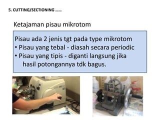 5. CUTTING/SECTIONING ……
Ketajaman pisau mikrotom
Pisau ada 2 jenis tgt pada type mikrotom
• Pisau yang tebal - diasah secara periodic
• Pisau yang tipis - diganti langsung jika
hasil potongannya tdk bagus.
 