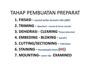 TAHAP PEMBUATAN PREPARAT
1. FIKSASI - neutral buffer formalin 10% (NBF)
2. TRIMING - diperkecil - masuk di tissue cassete
3. DEHIDRASI - CLEARING Tissue procesor
4. EMBEDING - BLOKING - parafin
5. CUTTING/SECTIONING - mikrotom
6. STAINING - Hematoxylin-Eosin (HE)
7. MOUNTING- cover slip - EXAMINED
 