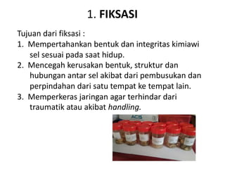 1. FIKSASI
Tujuan dari fiksasi :
1. Mempertahankan bentuk dan integritas kimiawi
sel sesuai pada saat hidup.
2. Mencegah kerusakan bentuk, struktur dan
hubungan antar sel akibat dari pembusukan dan
perpindahan dari satu tempat ke tempat lain.
3. Memperkeras jaringan agar terhindar dari
traumatik atau akibat handling.
 