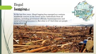 Ilegal
LoggingBackground
In the last few years, illegal logging has emerged as a serious
worldwide concern in the forest sector. Individuals from all
spheres, including government officials, businesspersons and
social activists, denounce it. But what is it? And what are people
doing about it?
 