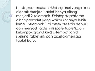 b. Repeat action tablet : granul yang akan
dicetak menjadi tablet hanya dibagi
menjadi 2 kelompok. Kelompok pertama
diberi penyalut yang waktu kerjanya lebih
lama , kelompok 1 di cetak terlebih dahulu
dan menjadi tablet inti (core tablet).dan
kelompok granul ke-2 ditempatkan di
skeliling tablet inti dan dicetak menjadi
tablet baru.

 