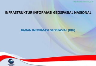 INFRASTRUKTUR INFORMASI GEOSPASIAL NASIONAL
BADAN INFORMASI GEOSPASIAL (BIG)
http://tanahair.indonesia.go.id/
 