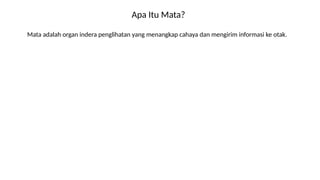 Apa Itu Mata?
Mata adalah organ indera penglihatan yang menangkap cahaya dan mengirim informasi ke otak.
 