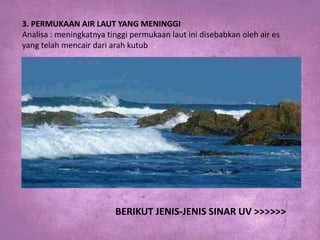3. PERMUKAAN AIR LAUT YANG MENINGGI
Analisa : meningkatnya tinggi permukaan laut ini disebabkan oleh air es
yang telah mencair dari arah kutub

BERIKUT JENIS-JENIS SINAR UV >>>>>>

 