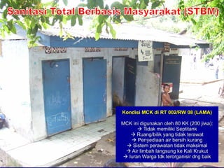 Kondisi MCK di RT 002/RW 08 (LAMA) MCK ini digunakan oleh 80 KK (200 jiwa):   Tidak memiliki Septitank   Ruang/bilik yang tidak terawat   Penyediaan air bersih kurang   Sistem perawatan tidak maksimal   Air limbah langsung ke Kali Krukut   Iuran Warga tdk terorganisir dng baik Sanitasi Total Berbasis Masyarakat (STBM) 