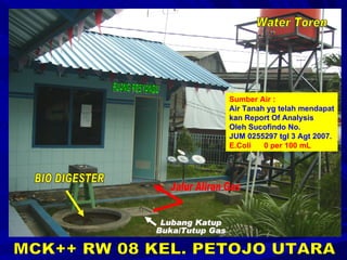 BIO DIGESTER Jalur Aliran Gas RUANG POSYANDU Lubang Katup Buka/Tutup Gas Water Toren Sumber Air : Air Tanah yg telah mendapat kan Report Of Analysis  Oleh Sucofindo No. JUM 0255297 tgl 3 Agt 2007. E.Coli 0 per 100 mL MCK++ RW 08 KEL. PETOJO UTARA 