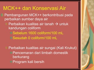 MCK++ dan Konservasi Air Pembangunan MCK++ berkontribusi pada perbaikan sumber daya air Perbaikan kualitas air tanah    untuk kandungan coliform Sebelum 1600 coliform/100 mL Sesudah 0 coliform/100 mL Perbaikan kualitas air sungai (Kali Krukut) Pencemaran dari limbah domestik berkurang Program kali bersih 