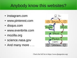 Anybody know this websites?
● instagram.com
● www.pinterest.com
● disqus.com
● www.evenbrite.com
● mozilla.org
● science.nasa.gov
● And many more . . .
Check the full list in https://www.djangosites.org/
 